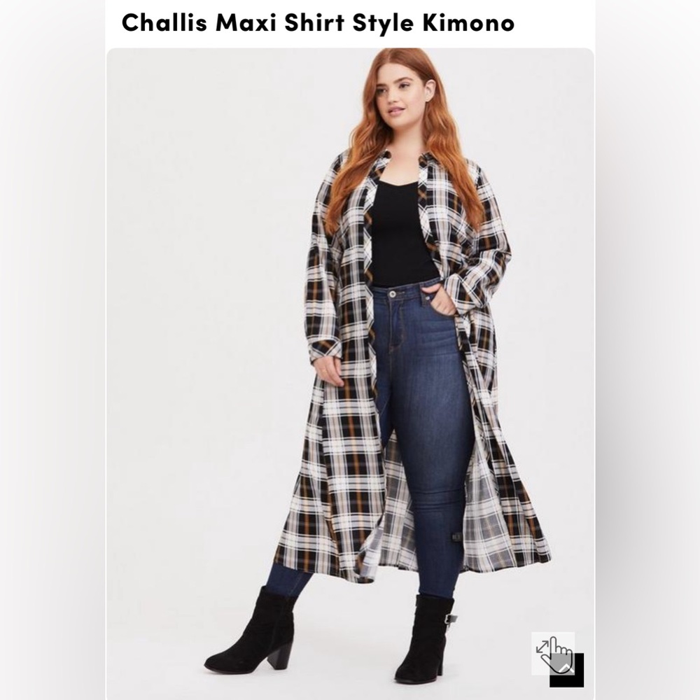 Torrid Plaid Challis Maxi Shirt Style Kimono, Size 2 (XXL) Black White Gold